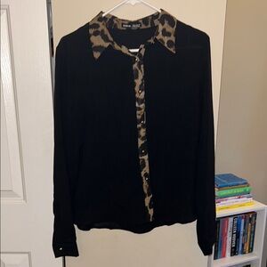 SHEIN Black Blouse with Leopard Print Accents